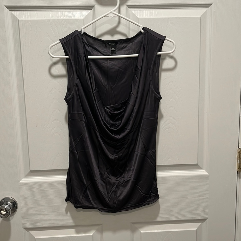 Shimmery grey cowl neck sleeveless blouse!